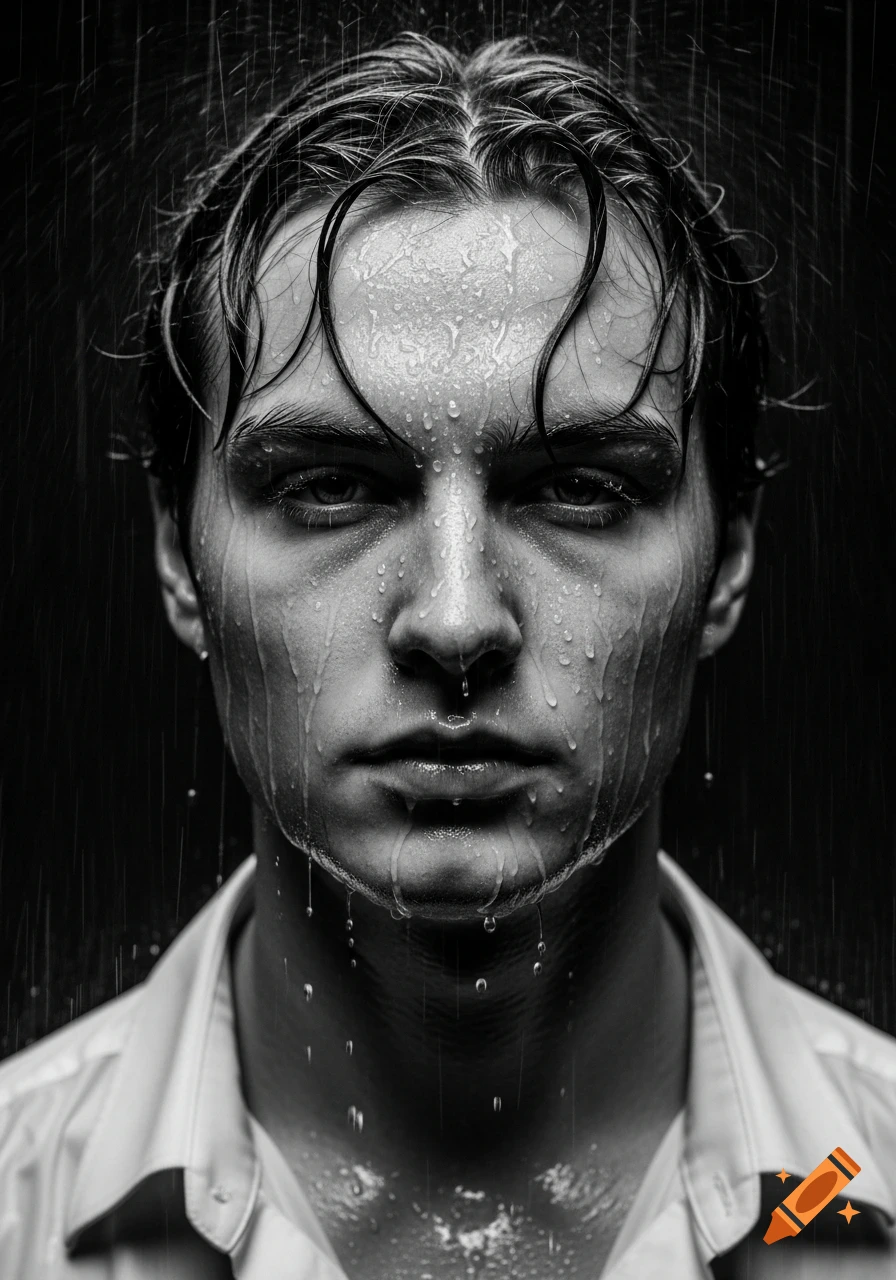 Dramatic black and white close-up of a man's face and wet hair, with water droplets streaming down his skin.
