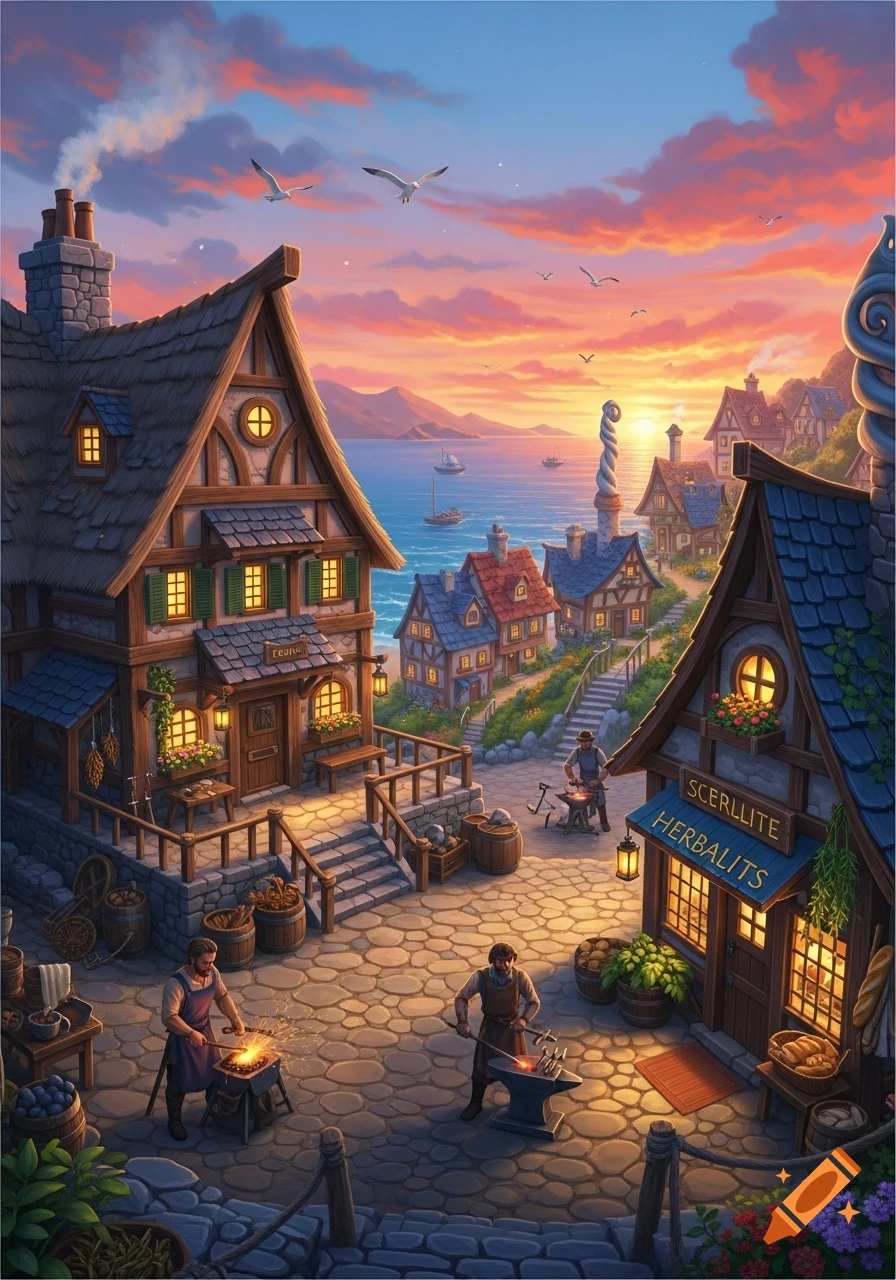A vibrant fantasy village by the sea at sunset, with half-timbered houses, smiths working, and boats on the water.