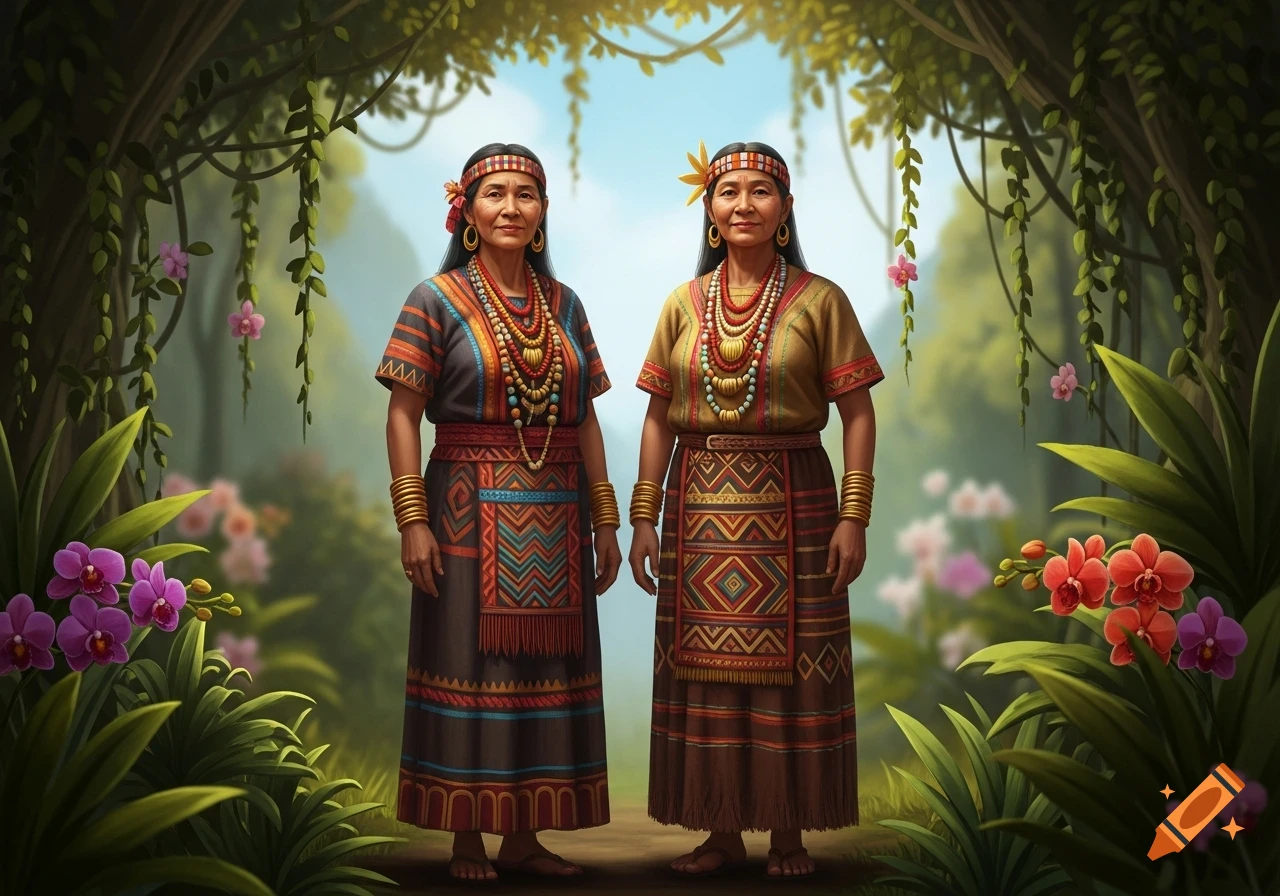 Two middle-aged women in colorful traditional costumes with elaborate jewelry and headbands stand in a lush jungle with orchids.