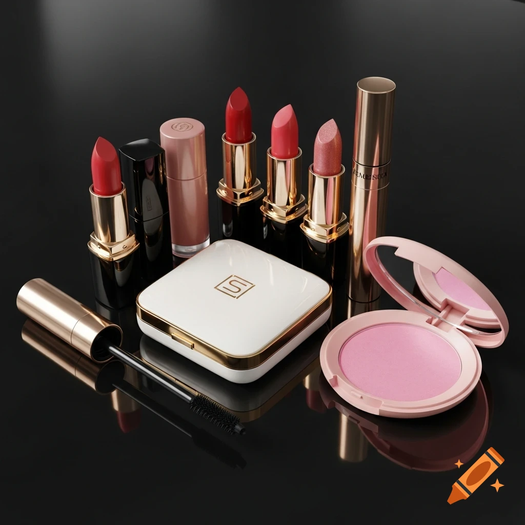 A collection of makeup products including lipsticks, mascara, face powder, and compacts on a reflective black surface.