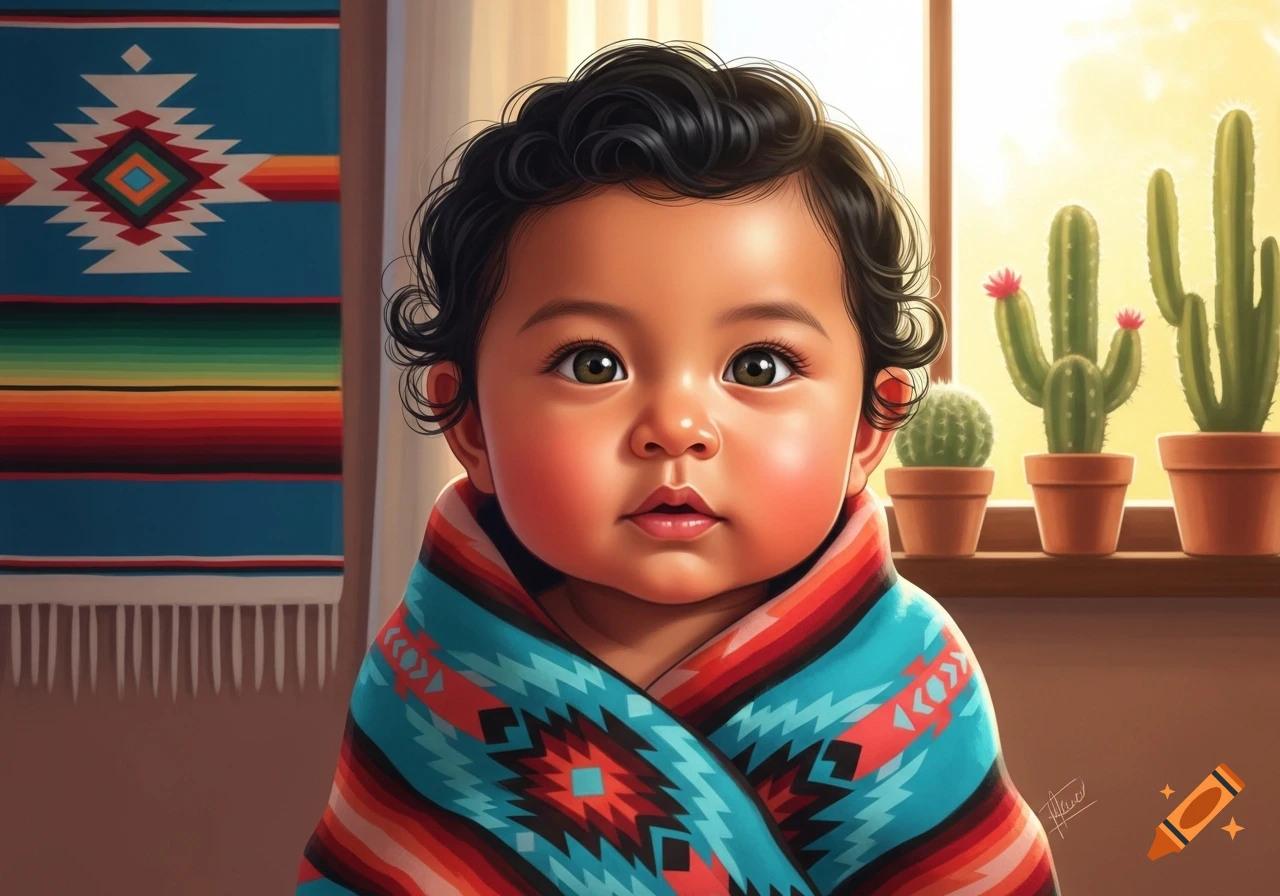 A close-up illustration of a cute baby wrapped in a vibrant patterned blanket, with cacti on a window sill in the background.