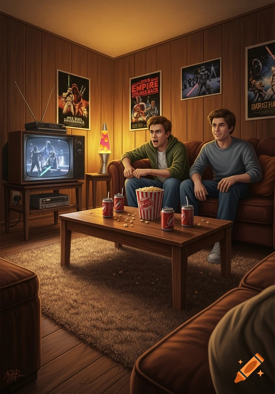 Two young men watch a Star Wars movie on a retro TV in an 80s-style living room, with posters, popcorn, and soda.
