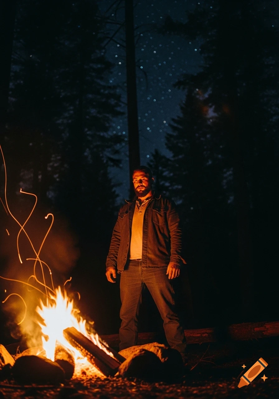 A bearded man stands by a brightly burning campfire in a dark forest under a starry night sky, illuminated by firelight.