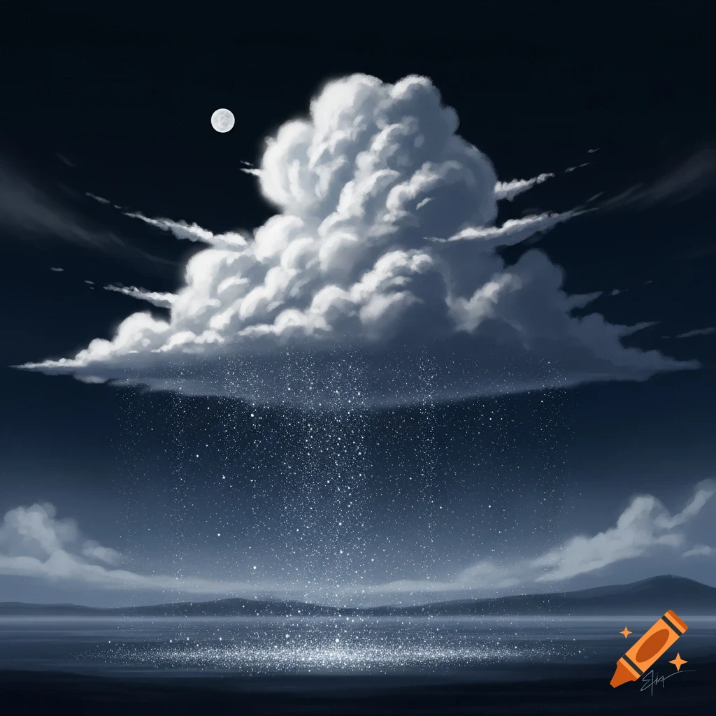 Illustrative night landscape with a luminous cloud, full moon, and sparkling rain falling onto a dark body of water.