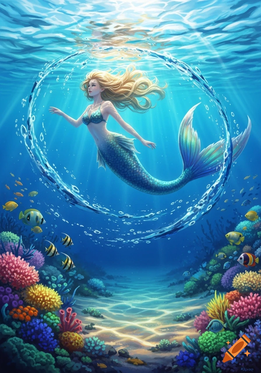 A blonde mermaid with a teal tail swims gracefully in clear blue water surrounded by colorful coral reefs and tropical fish.