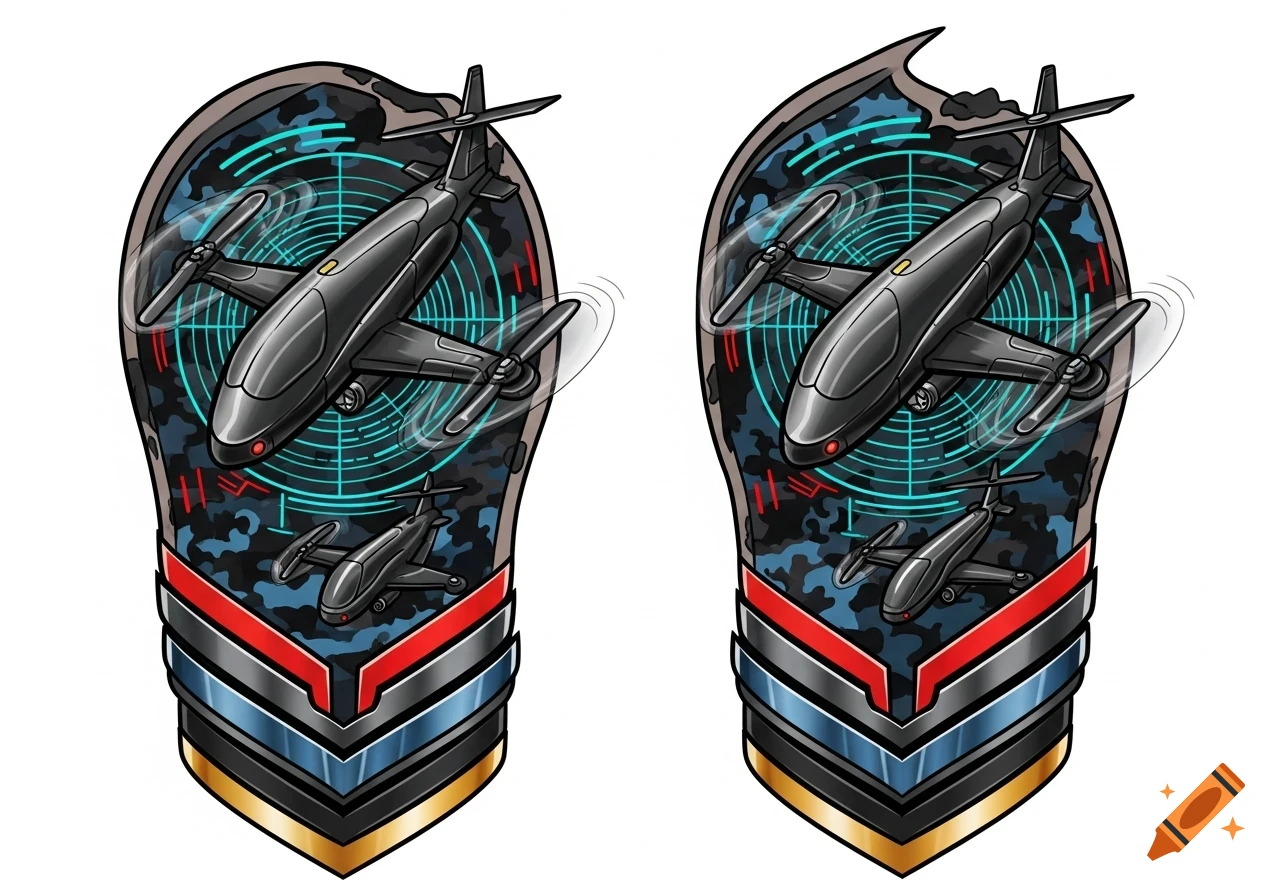 Two dark military-style insignias with drones, a radar screen pattern on camouflage, and red, blue, and gold stripes at the bottom.