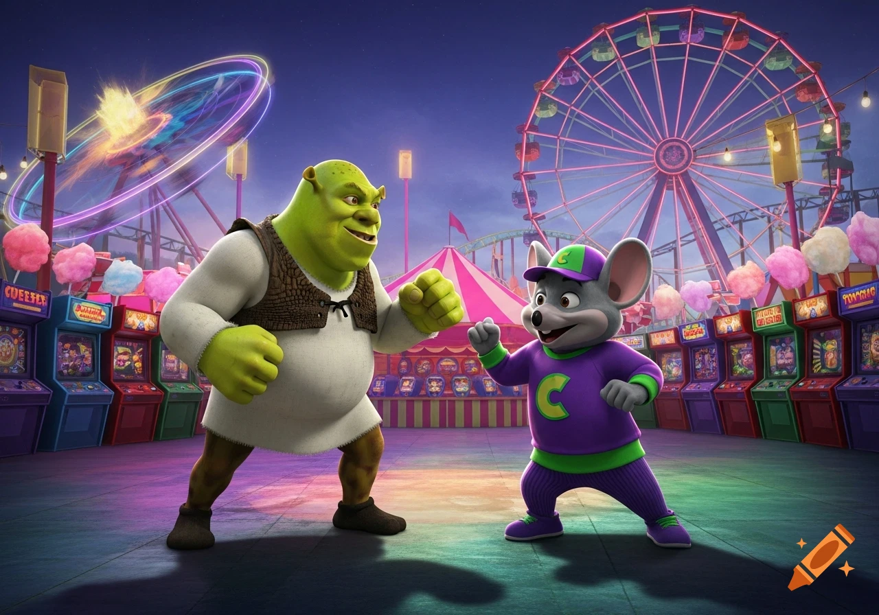 Shrek and Chuck E. Cheese stand in a fighting pose at a lively amusement park, surrounded by arcade games and a Ferris wheel.