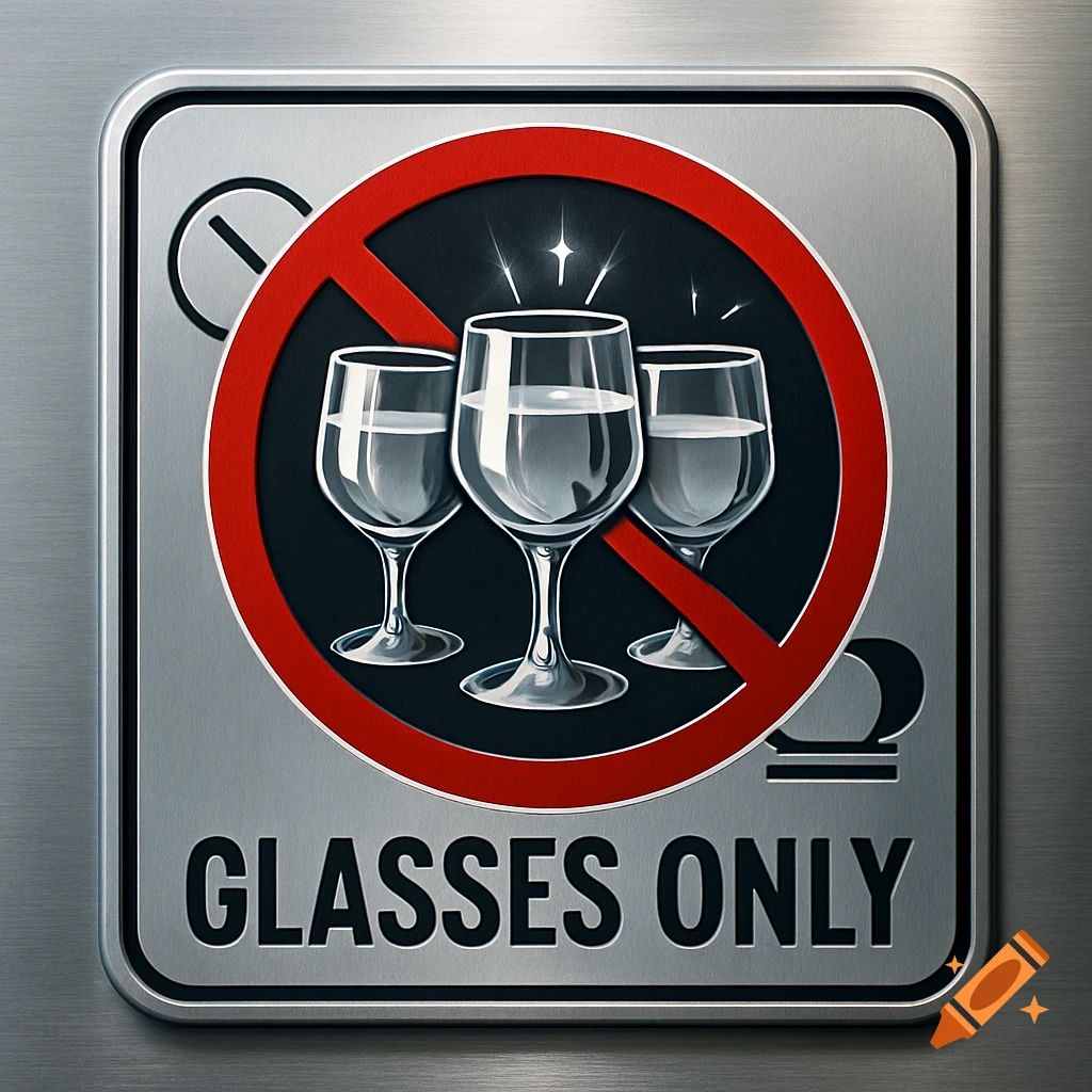 A metallic warning sign with a red circle over three wine glasses and the text "GLASSES ONLY".