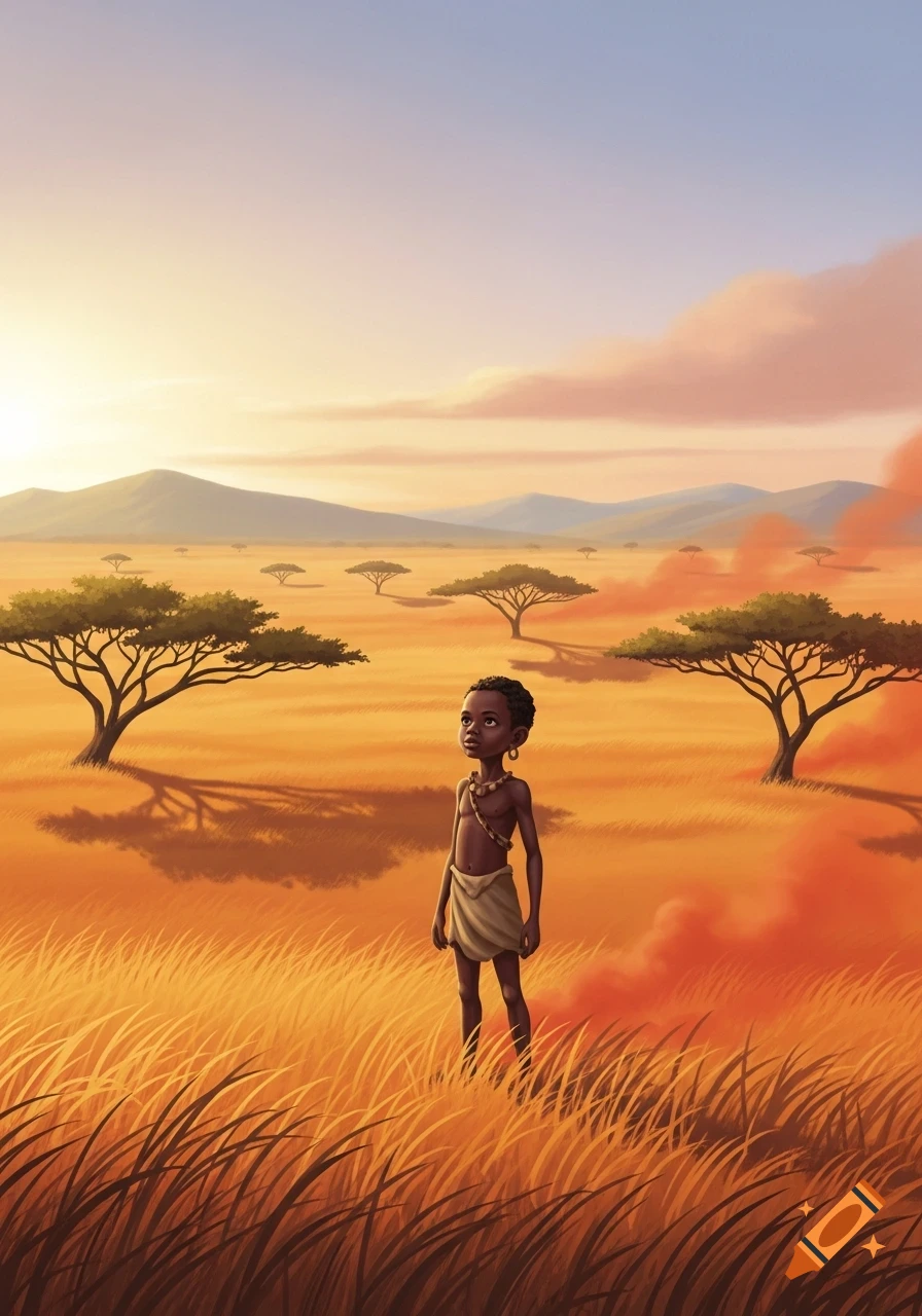 An illustration of a young child in traditional attire standing in a golden savanna at sunset, with acacia trees and mountains.