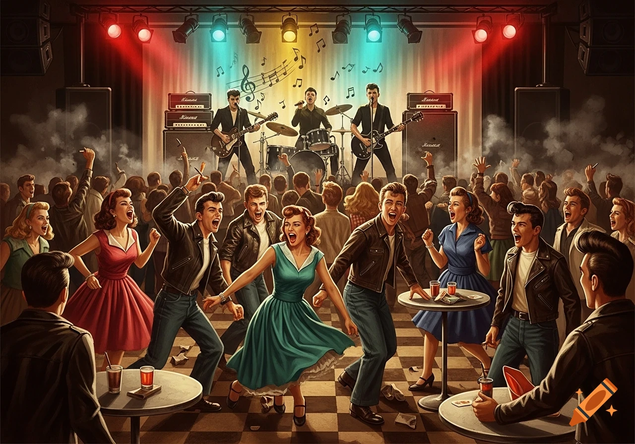 A vibrant 1950s rock and roll concert scene with a band playing on stage and a crowd dancing and cheering.