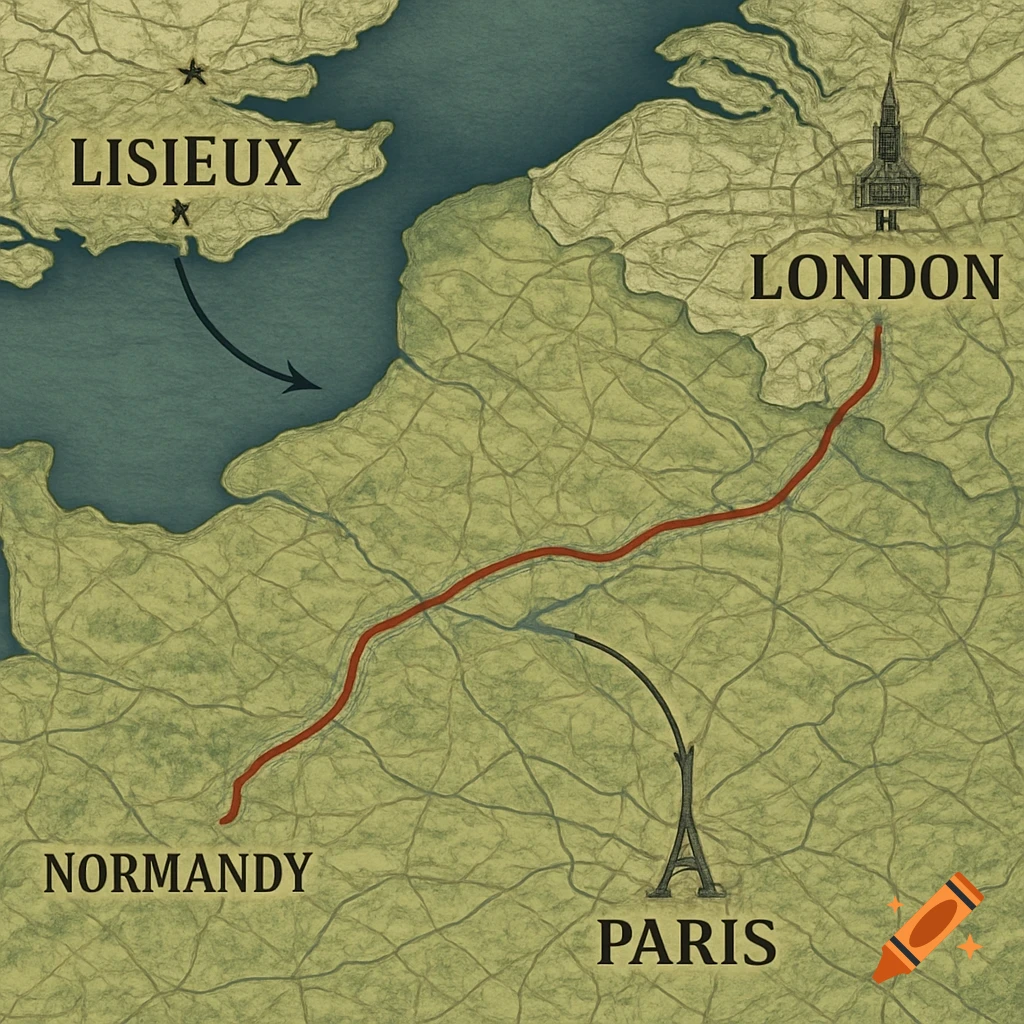 A stylized vintage map shows a route from Lisieux, Normandy to Paris and London, with landmark icons.