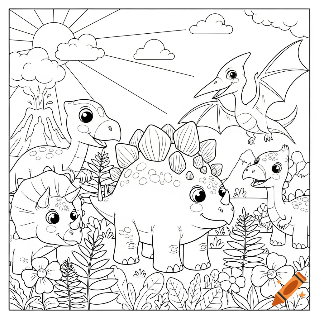 Black and white coloring page of happy cartoon dinosaurs, including a Stegosaurus, Triceratops, and Pterodactyl, in a prehistoric scene with a volcano.