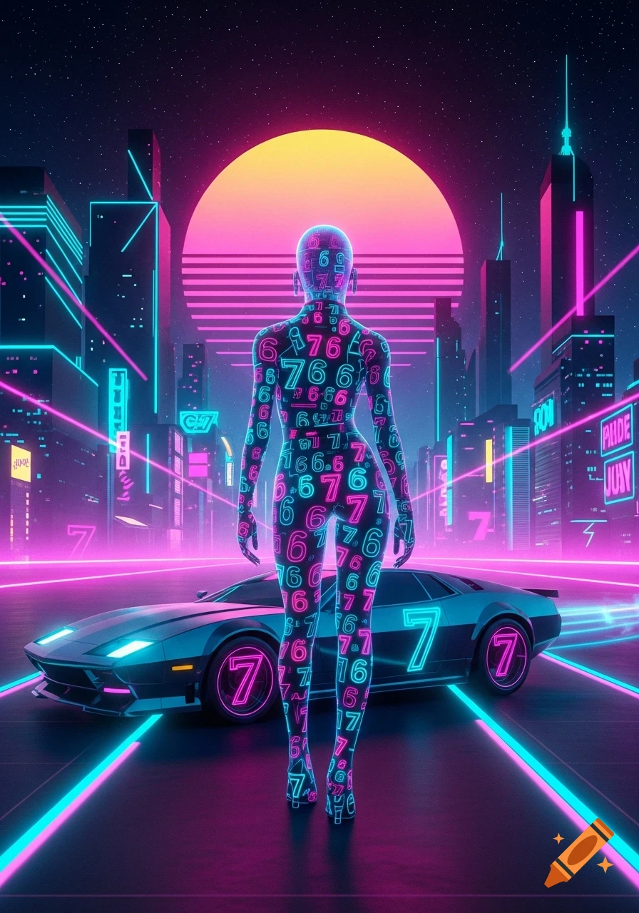A holographic woman covered in neon numbers '6' and '7' stands in front of a sleek car with '7' on the wheels, against a neon-lit cyberpunk city skyline with a retro sunset.