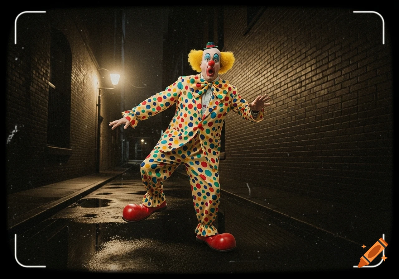 A clown in a colorful polka-dot suit, yellow wig, and red shoes stands in a dark, wet alley at night, framed by CCTV corners.