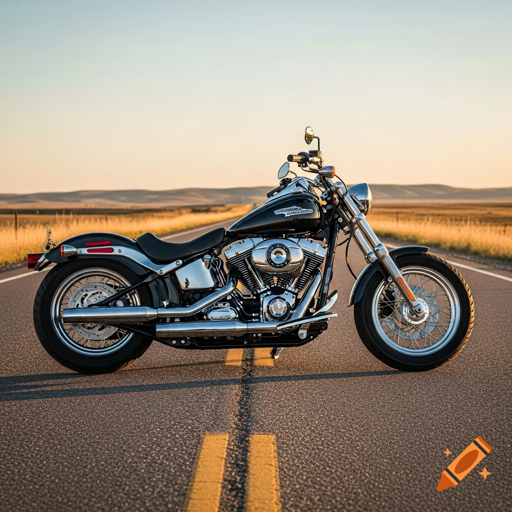 A black Harley-Davidson Softail Slim motorcycle parked on an asphalt road with double yellow lines, against a golden hour desert landscape.