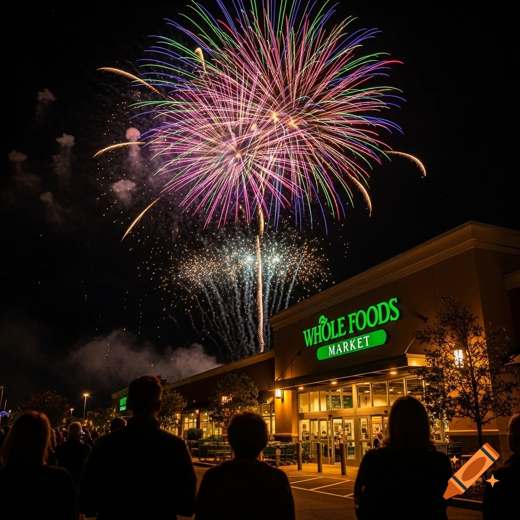 Colorful fireworks explode over a Whole Foods Market store at night, viewed from behind silhouetted spectators.