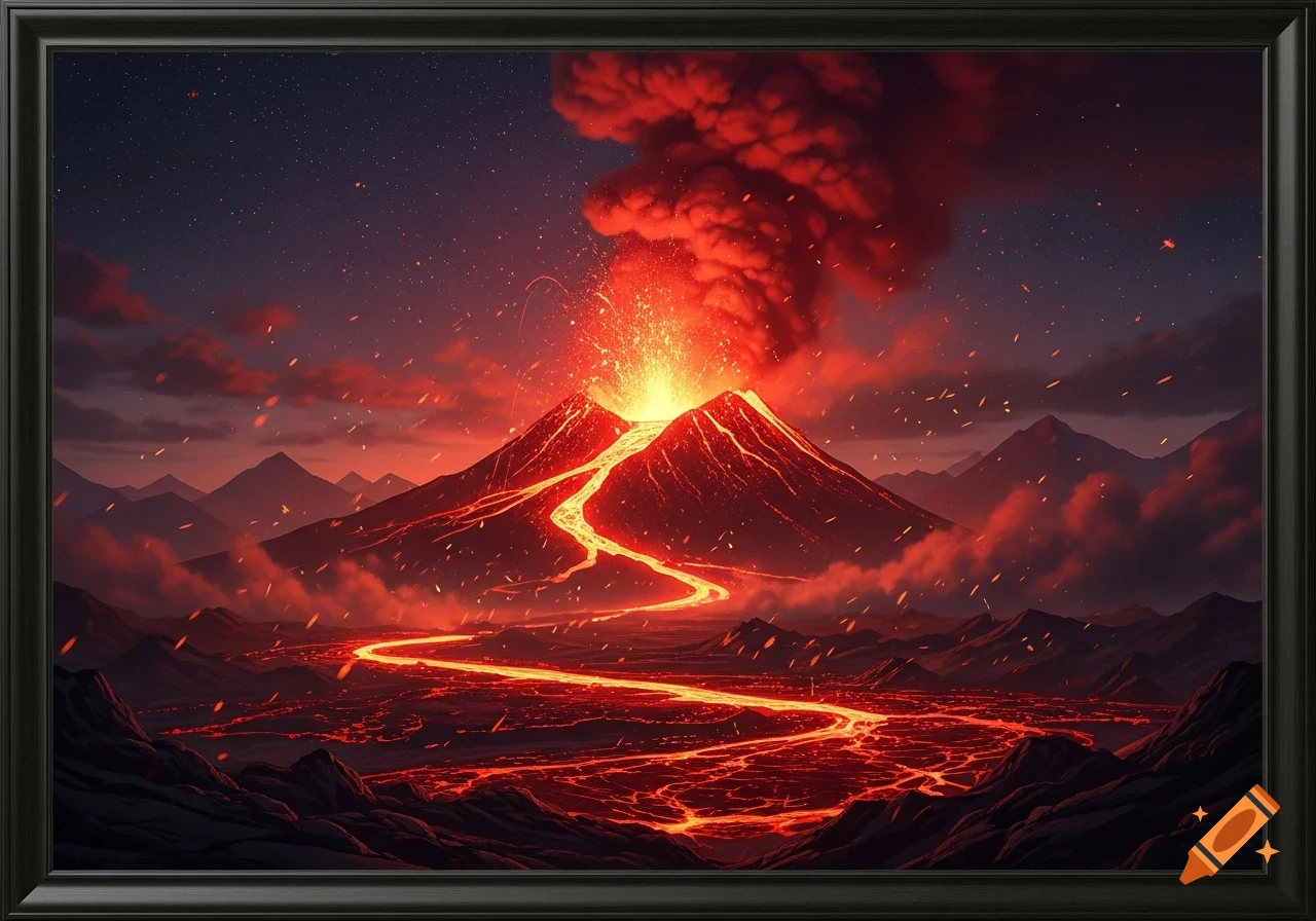 A dramatic volcanic eruption at night, with bright orange lava flowing down the mountain and across the landscape under a starry sky.