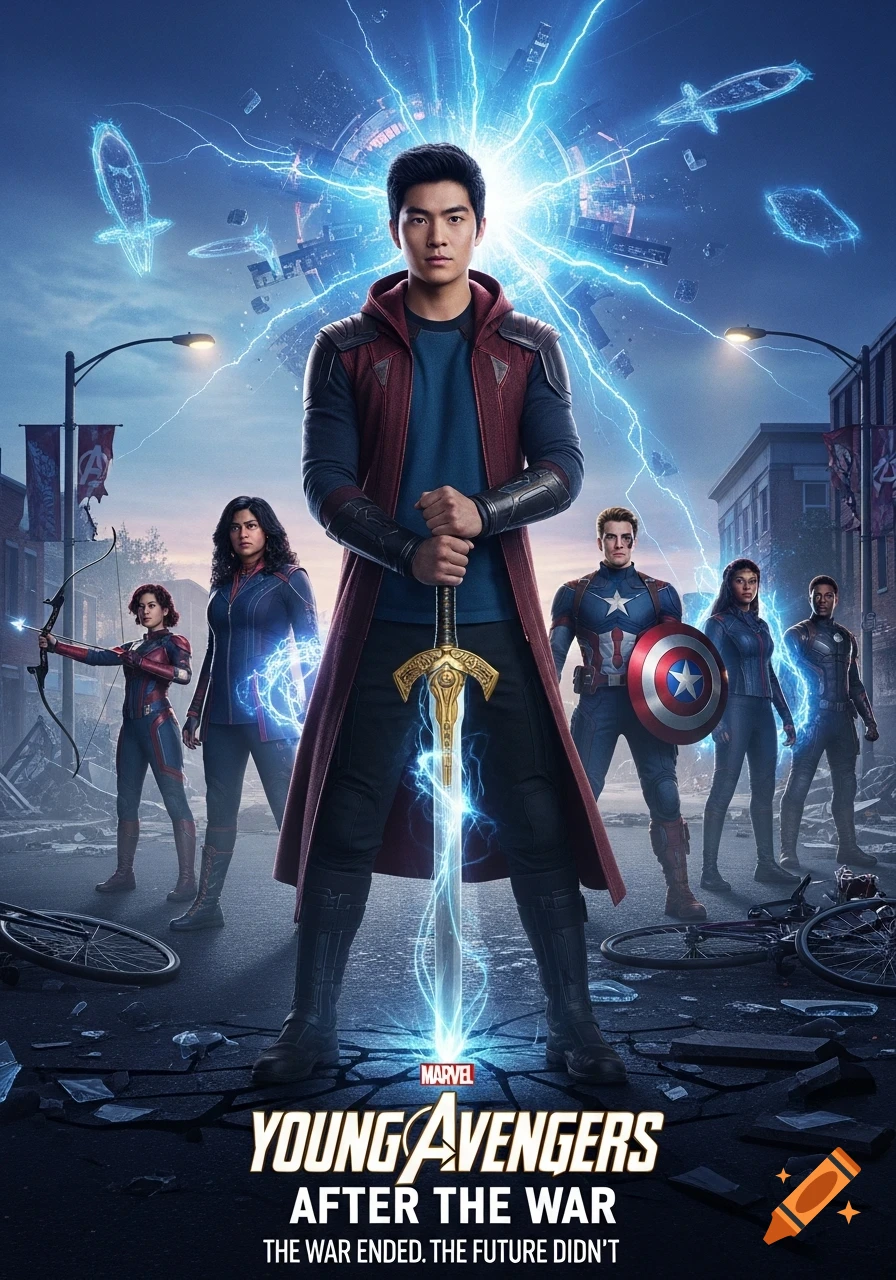 Cinematic movie poster of young superheroes in a ruined city. A central Asian hero holds a glowing sword, flanked by other diverse heroes under a stormy, cracked sky.
