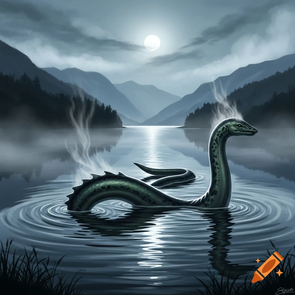 The Loch Ness Monster surfaces in a dark, moonlit lake with mist, surrounded by mountains.