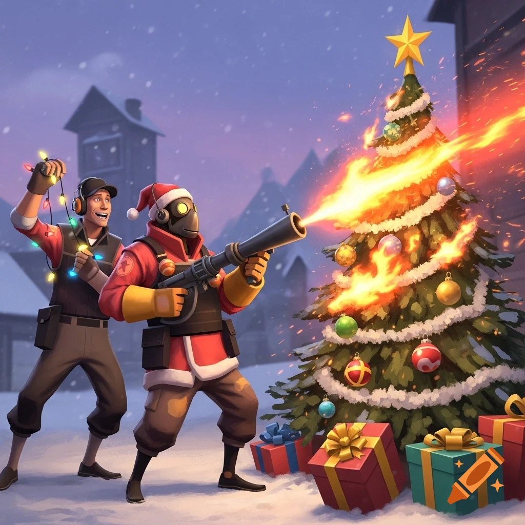 Team Fortress 2 Pyro sets a Christmas tree on fire with a flamethrower as Scout laughs, holding string lights in a snowy scene with presents.