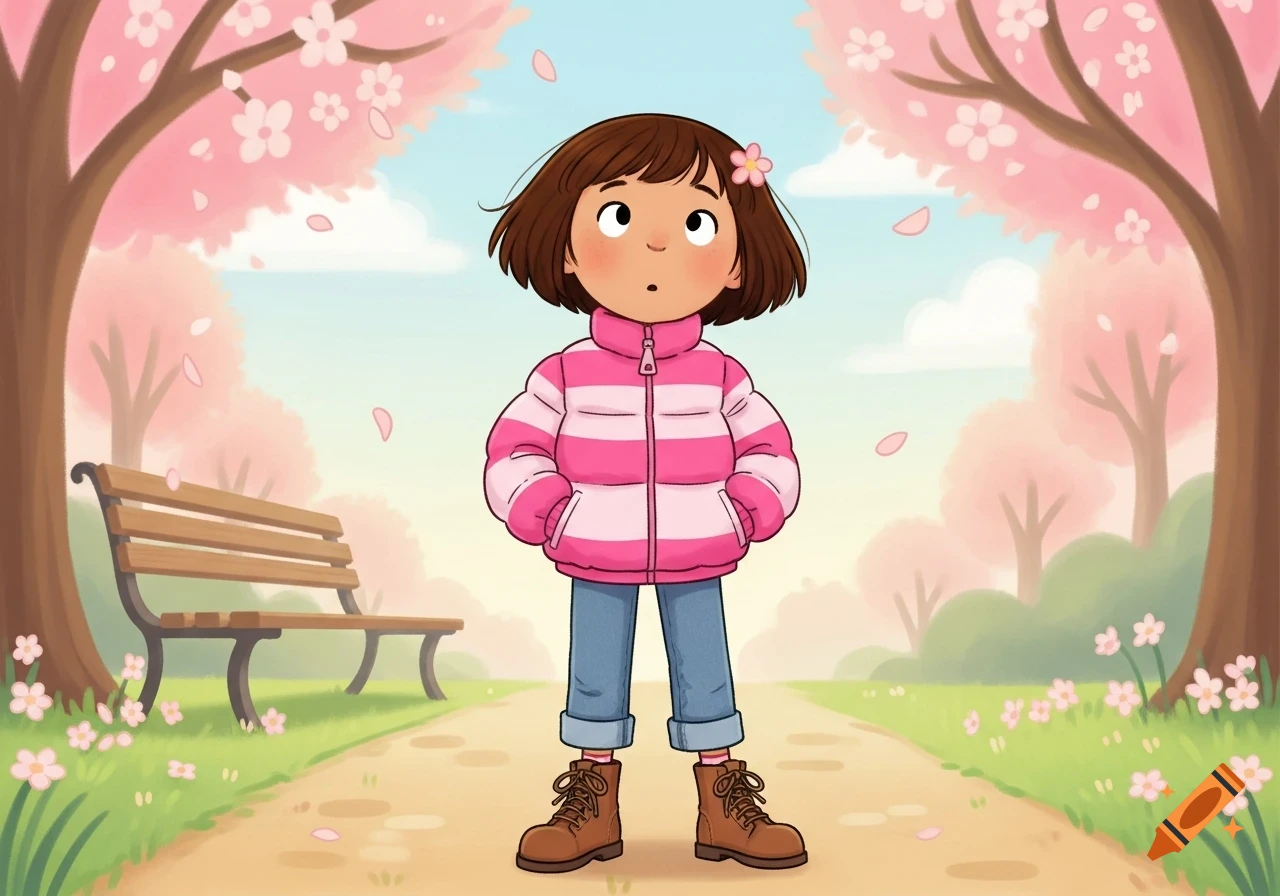 A cartoon girl with brown hair wearing a pink striped puffer jacket and jeans stands on a path in a park with cherry blossom trees.