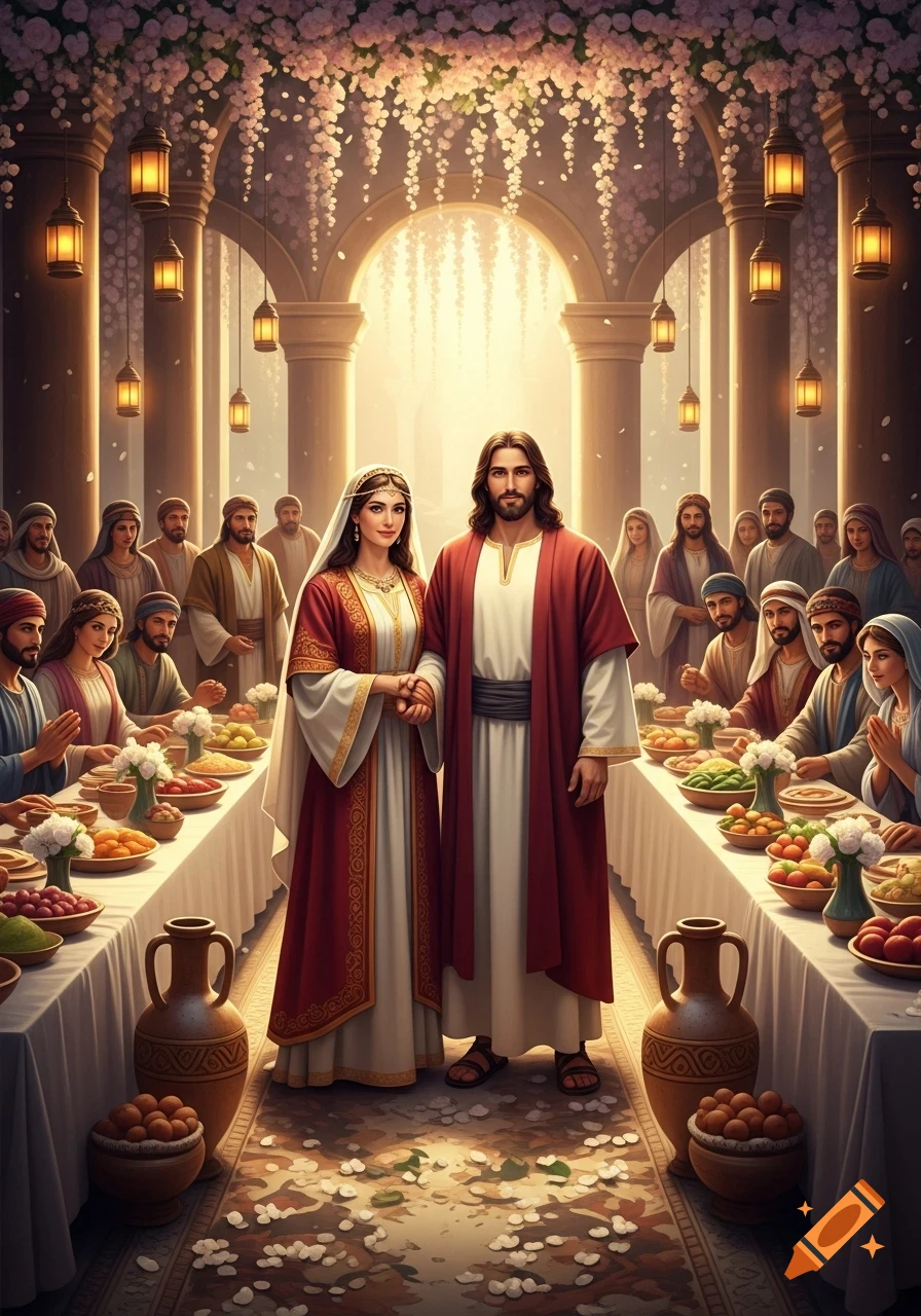 Jesus stands holding hands with a bride and groom at a wedding feast, surrounded by guests seated at long tables laden with food, in a grand hall with floral decorations and glowing lanterns.
