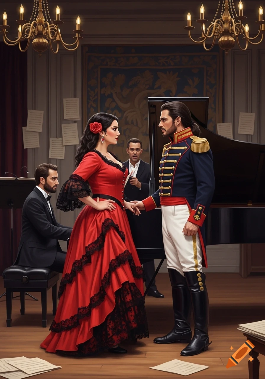 A woman in a red flamenco dress and a man in a blue military uniform hold hands, looking at each other in an elegant room with a pianist and director.