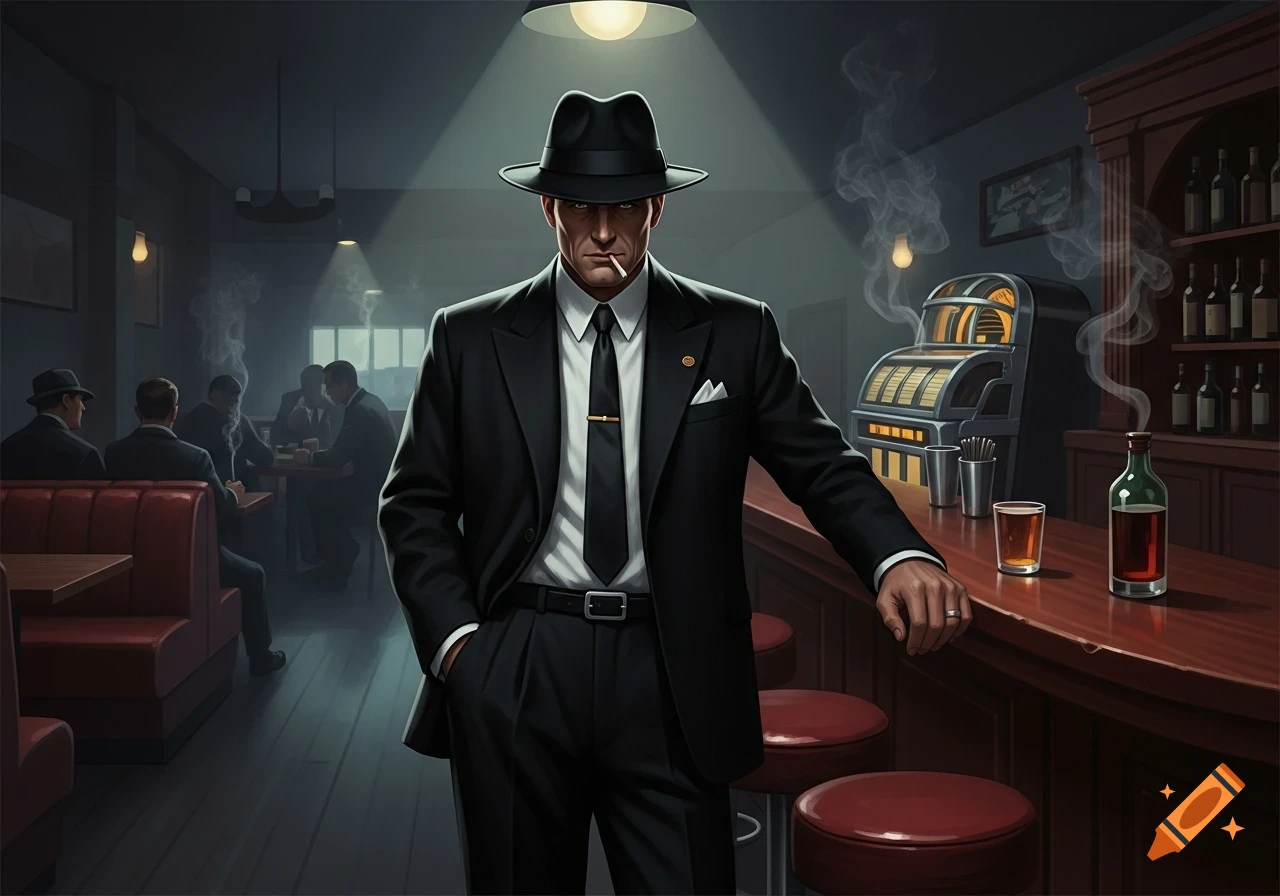A stylized, dark image of a man in a fedora and suit smoking, leaning on a bar in a dimly lit establishment.