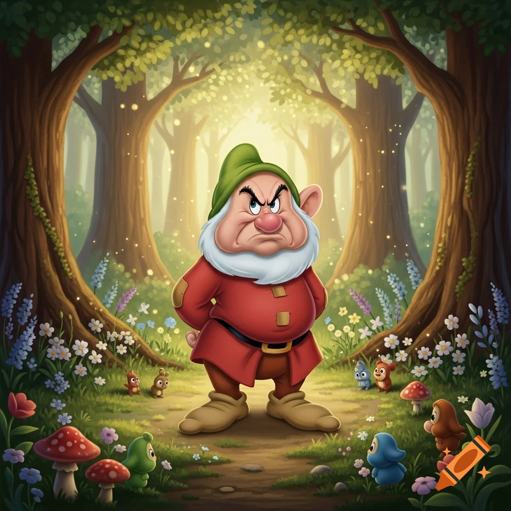 A grumpy dwarf with a white beard and green hat stands in a magical forest surrounded by flowers and small creatures, in a vibrant cartoon style.