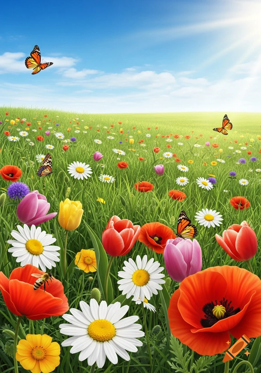 Photorealistic vibrant spring meadow with colorful daisies, poppies, tulips, butterflies, and a bee under a clear blue sky with sunlight.