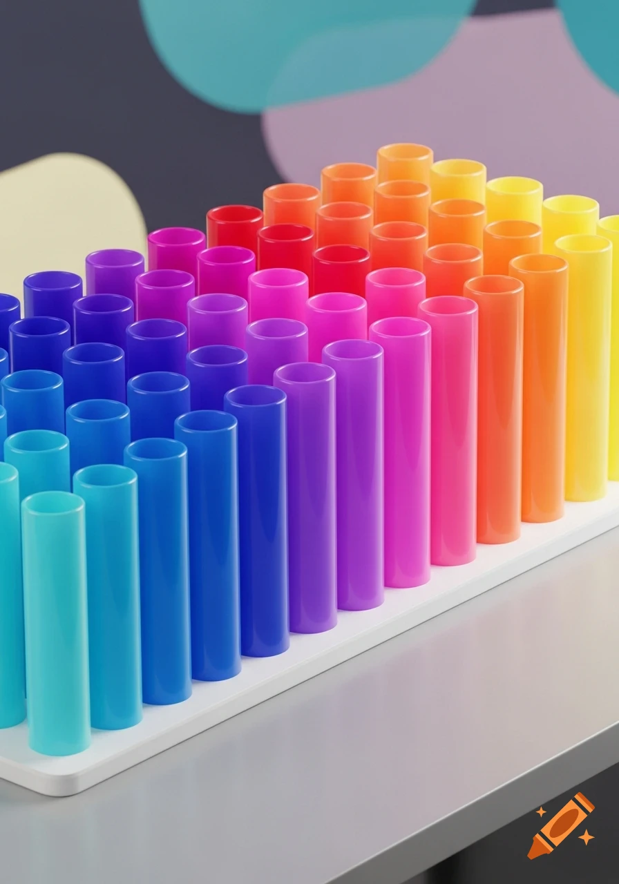 A grid of translucent cylindrical tubes showing a color gradient from blue to yellow, with varying heights on a white tray. Abstract 3D render.