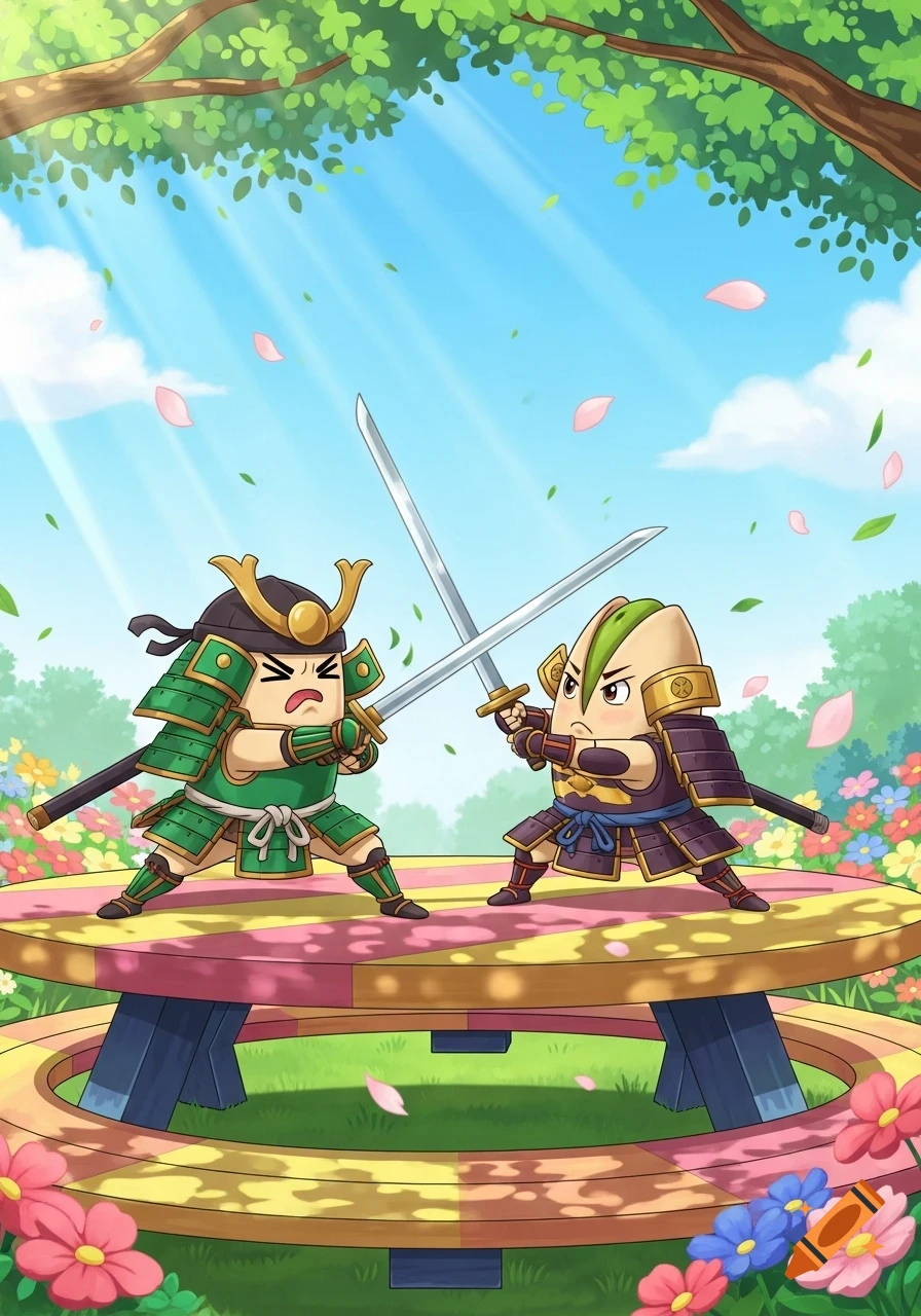 Two anthropomorphic pistachio characters dressed as samurai sword fighting on a striped table in a sunny, flower-filled outdoor anime scene.