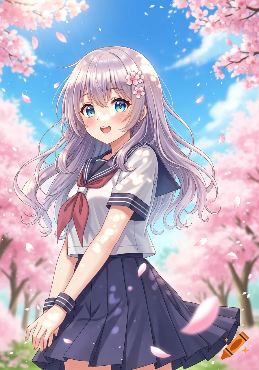 Smiling anime girl with silver hair and blue eyes in a school uniform, surrounded by pink cherry blossoms under a blue sky.