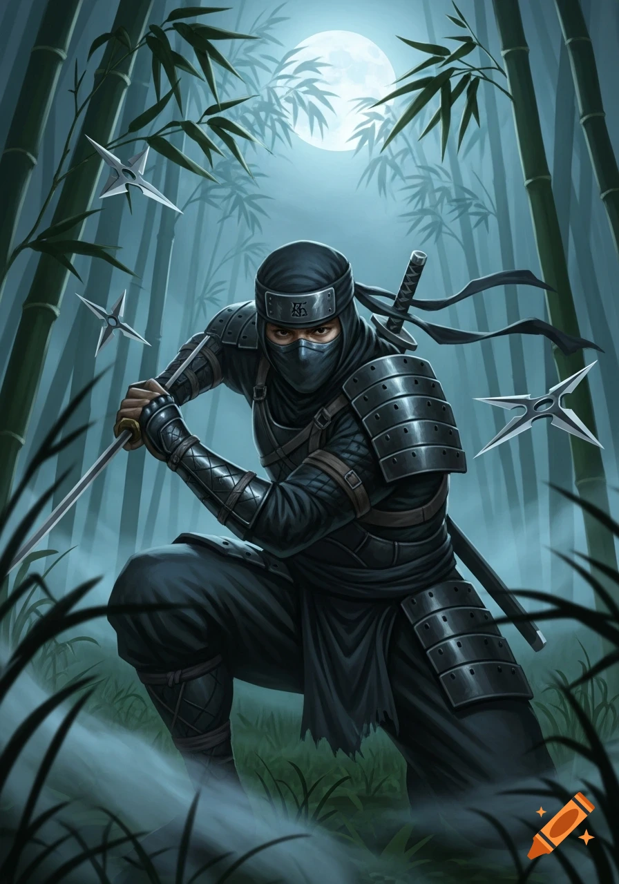A ninja crouches in a moonlit bamboo forest, holding a katana, with shurikens flying around him in an illustrated fantasy style.