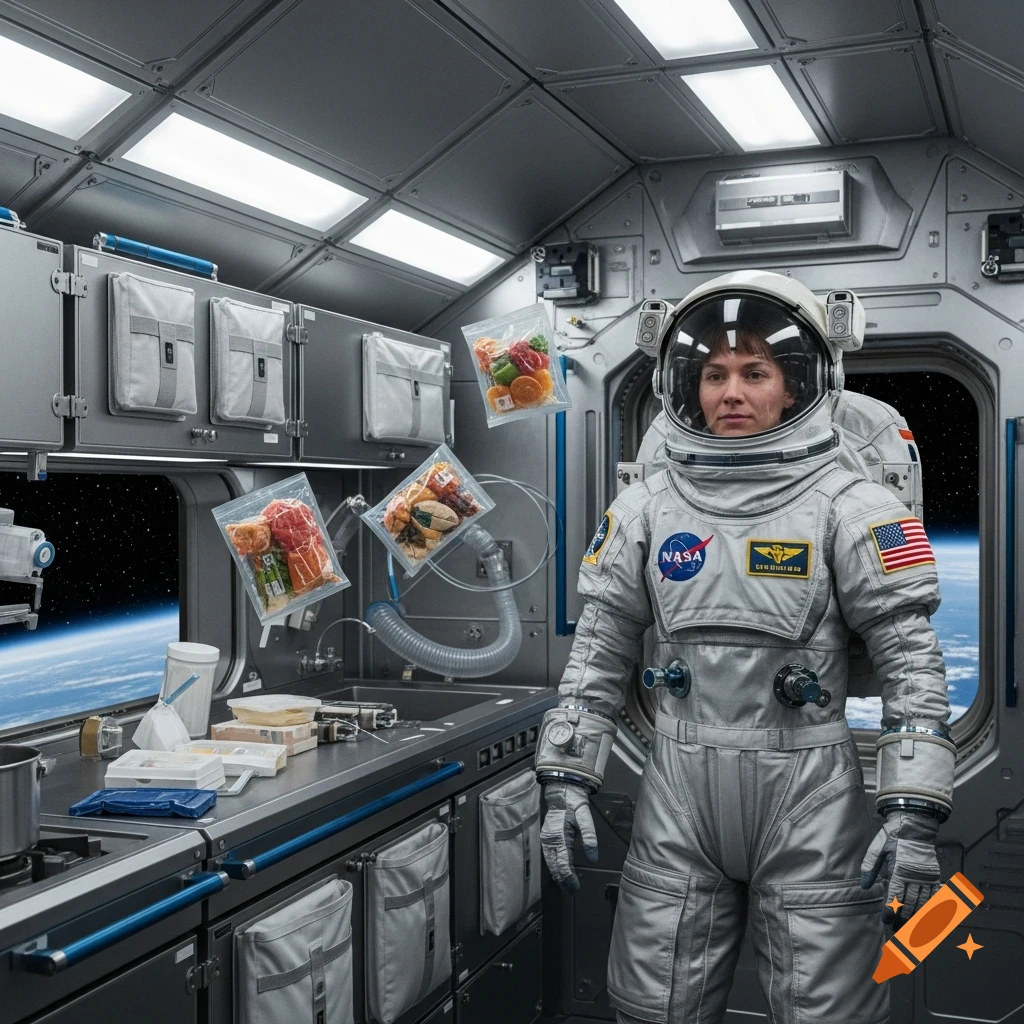 A female astronaut in a space suit stands in a space station kitchen, with packages of food floating nearby and Earth visible outside the window.