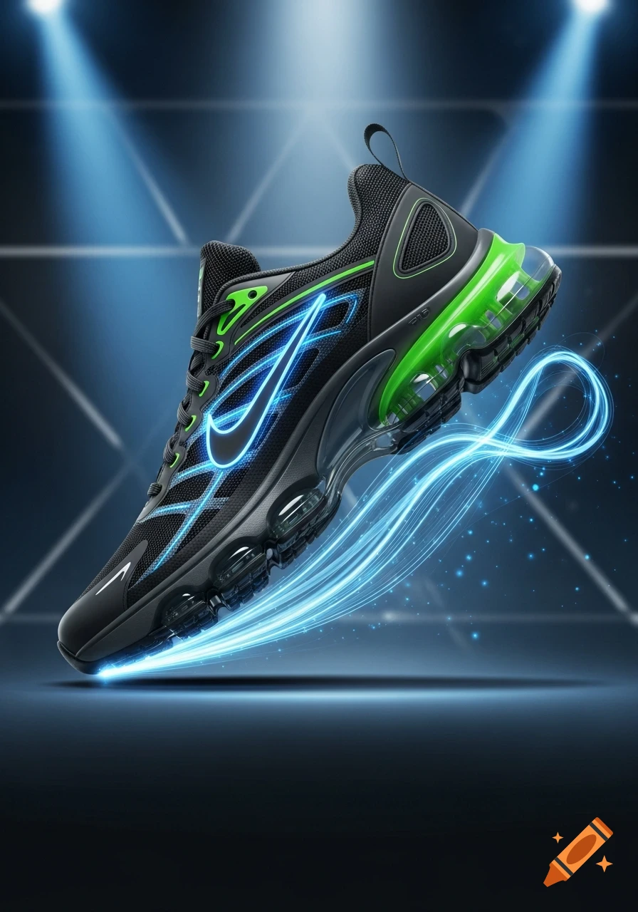 A black and neon green sneaker with a Nike swoosh and glowing blue light trails, spotlighted on a dark background.