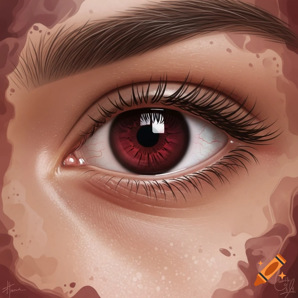 A close-up digital painting of a human eye with a dark maroon iris, visible red veins, long eyelashes, and an eyebrow against a red abstract background.