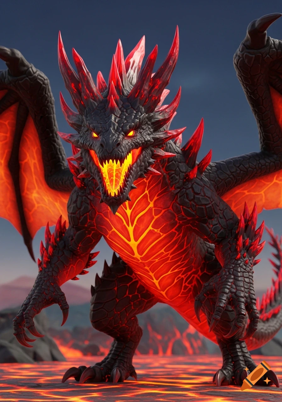 A fierce, stylized magma dragon with black scales, glowing red lava cracks, red crystals, and fiery eyes stands on a volcanic landscape.