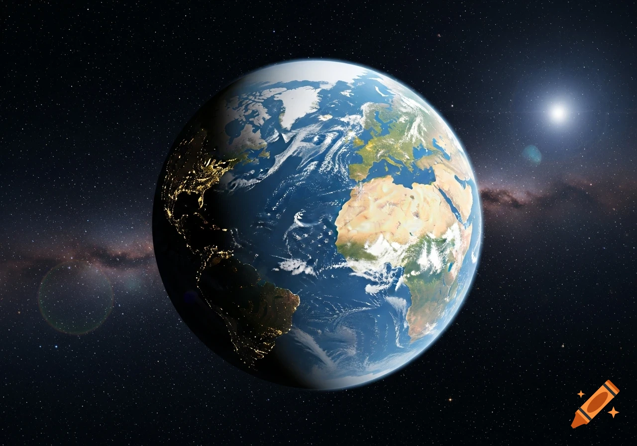 Photorealistic depiction of planet Earth from space, showing illuminated continents and city lights on the night side against a starry sky.