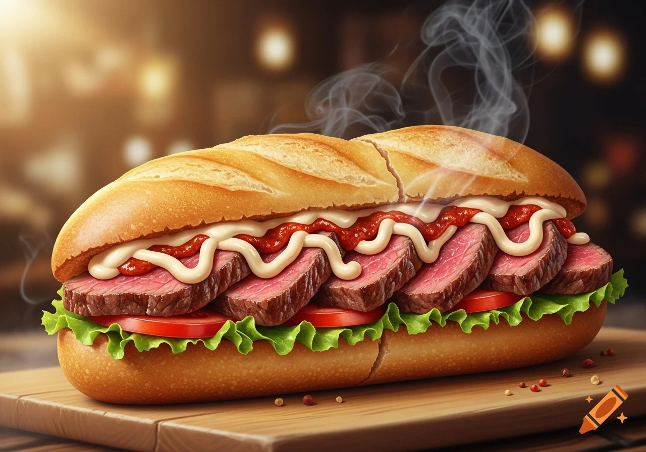 A photorealistic close-up of a steak sandwich on a baguette with lettuce, tomatoes, and white and red sauces on a wooden board.