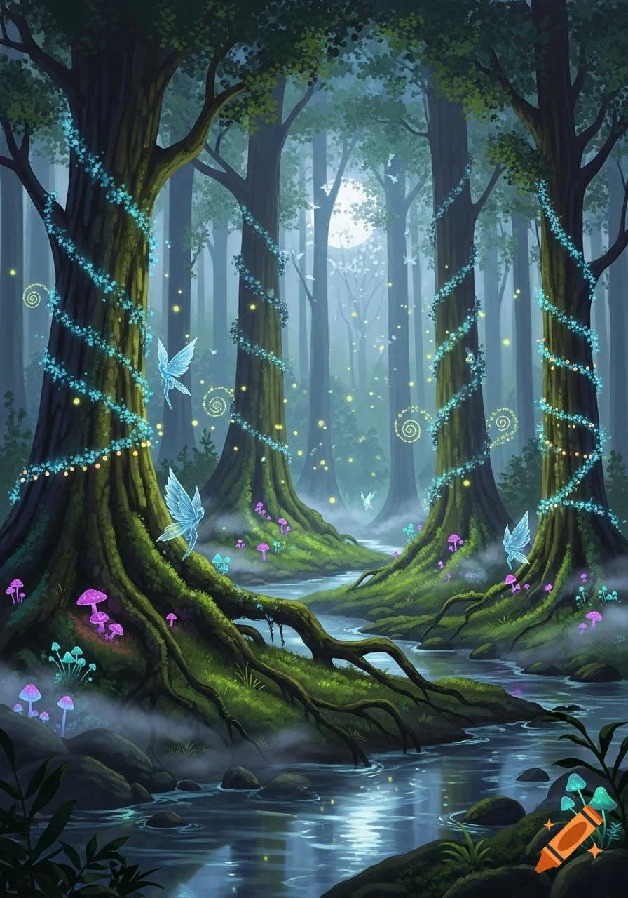 Vibrant illustration of a magical forest with glowing mushrooms, luminous fairies, sparkling vines on trees, and a stream under a moon.