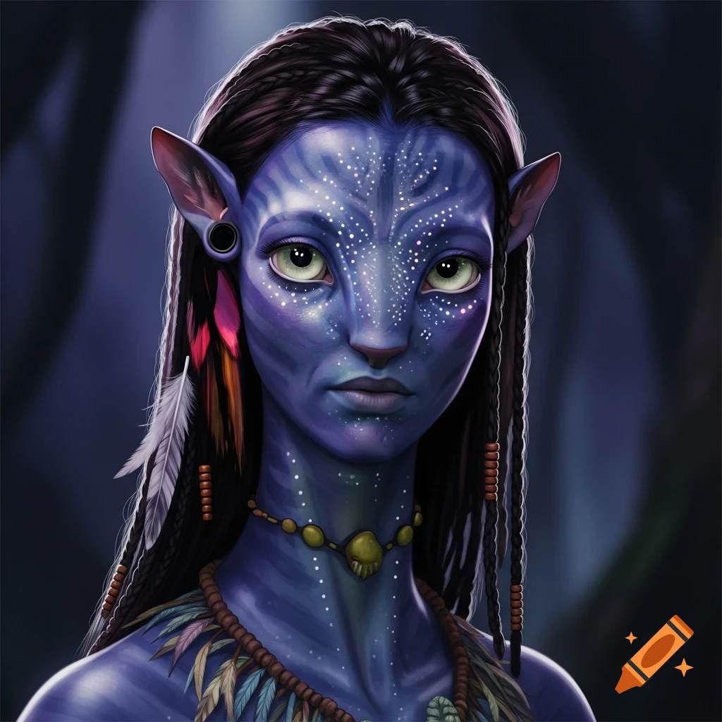 Close-up portrait of a blue-skinned Na'vi woman with glowing markings, braided hair, feathers, pointed ears, and green eyes.
