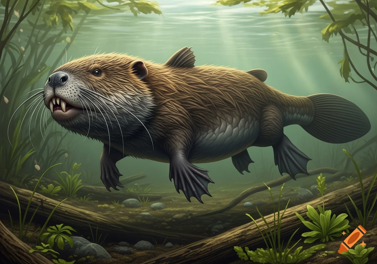 A photorealistic illustration of a catfish-like beaver swimming underwater amongst plants and submerged wood.