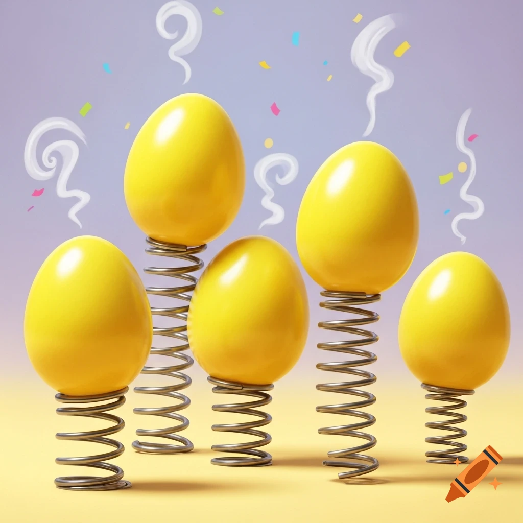 Five bright yellow eggs balancing on metal springs, with colorful confetti and white smoke swirls against a purple and yellow background.