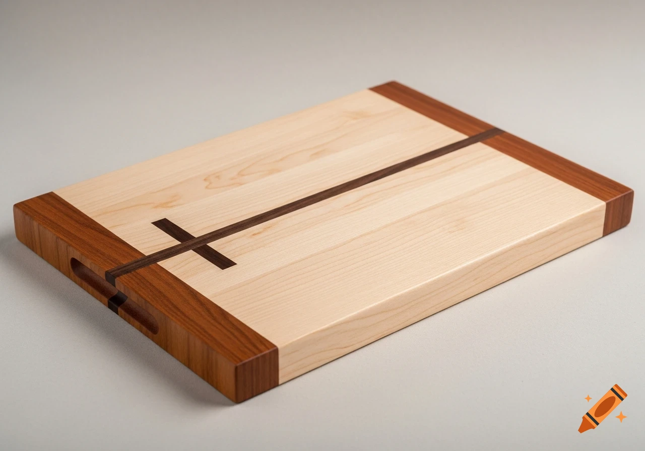A light-colored wooden cutting board with darker wood accents forming a cross design and a subtle handle cutout.