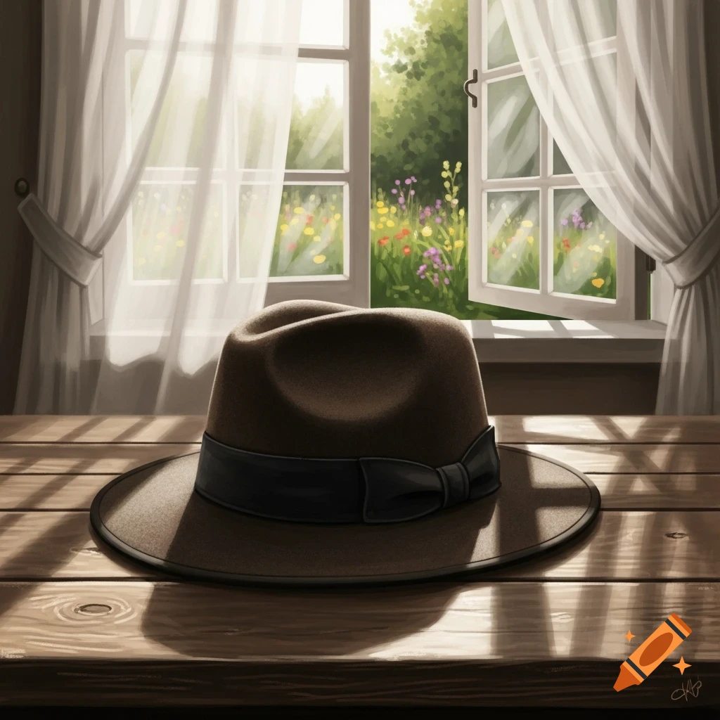 A brown fedora hat sits on a wooden table, illuminated by sunlight from an open window looking out onto a colorful garden.