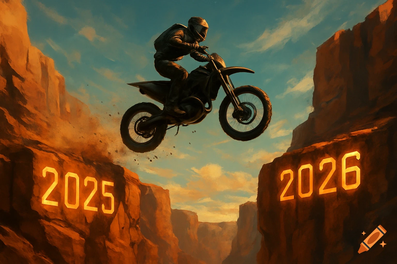 A dirt bike rider jumps a canyon from '2025' to '2026' on glowing cliff numbers, digital painting.