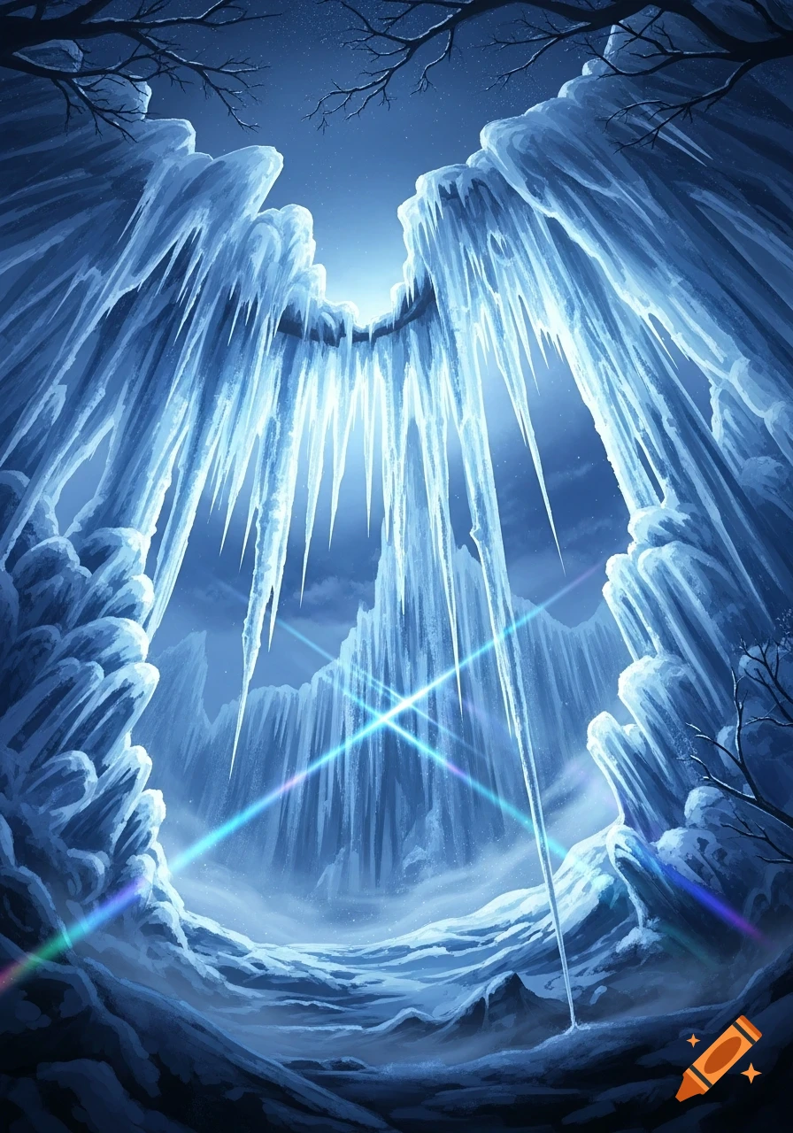 A vibrant blue ice cave with shimmering icicles hanging from above, bathed in ethereal light with rainbow-colored streaks.