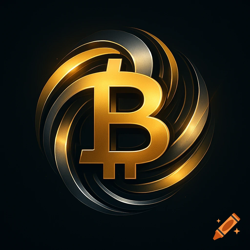 Golden Bitcoin 'B' logo with metallic swirling bands on a dark background, stylized 3D render.