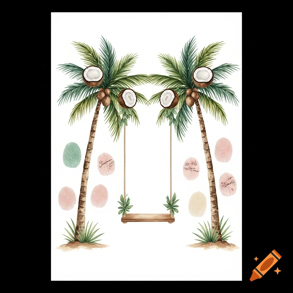 Watercolor illustration of two palm trees with coconuts, a swing, and colorful fingerprint-like marks, suitable for a wedding guest book.